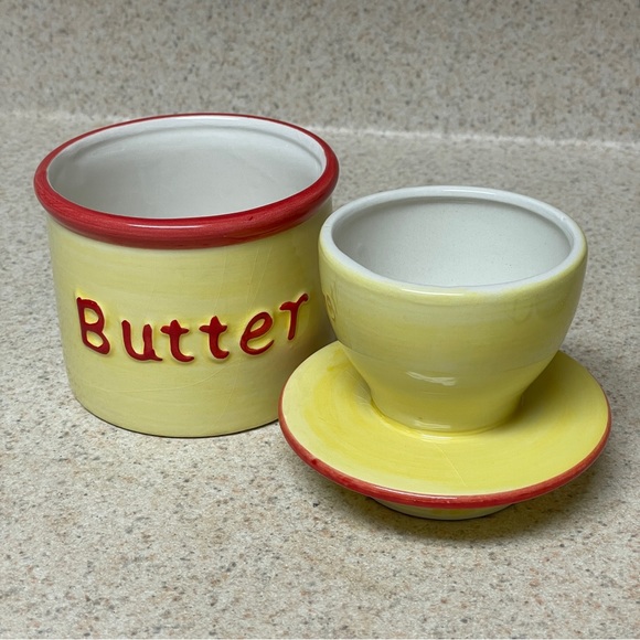 Handmade Kitchen Butter Bell Handmade Stoneware Crock Yellow Red